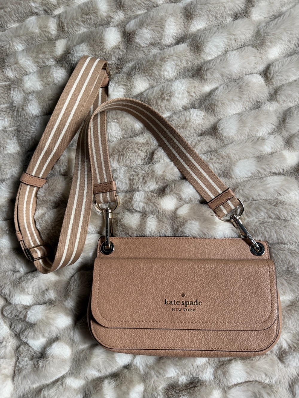 kate spade Pebbled Leather Crossbody Bag in Taupe with Striped Canvas Strap